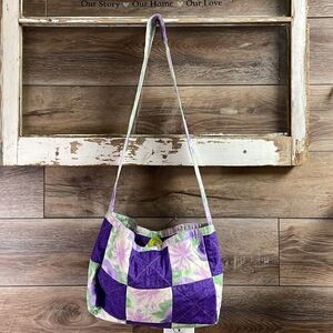 Handcrafted Machine Quilted Floral Shoulder Bag, Purple and Green